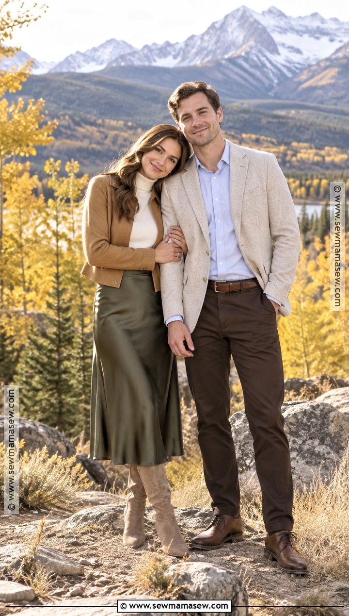 Olive Satin Skirt Fall Mountain Engagement Outfit - 15 engagement photos outfits fall mountains