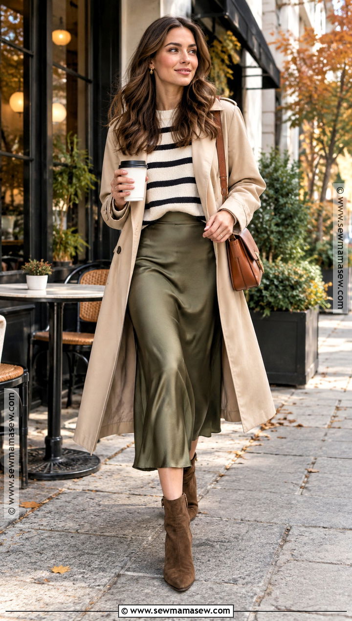 Olive Satin Skirt With Striped Sweater And Brown Boots - 25 satin skirt outfit fall ideas