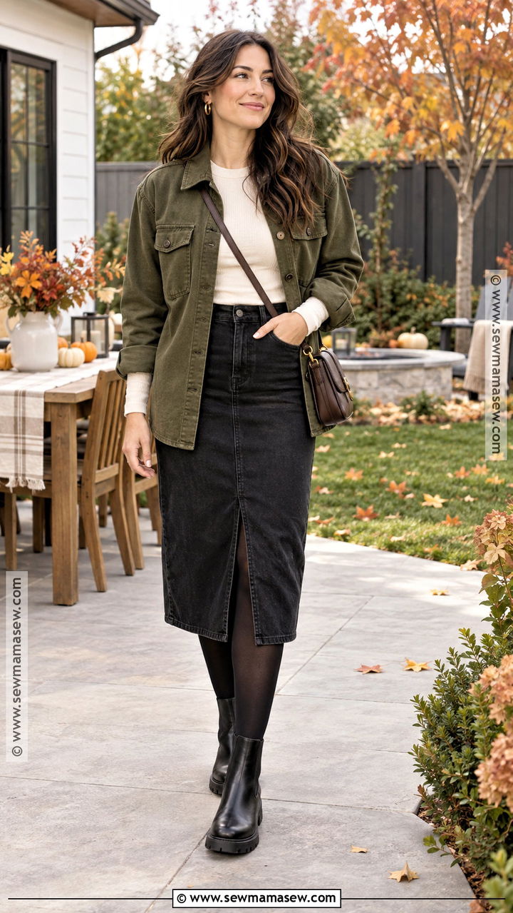 Olive Shacket With Black Jean Skirt - 20 Jean Skirt Thanksgiving Outfits