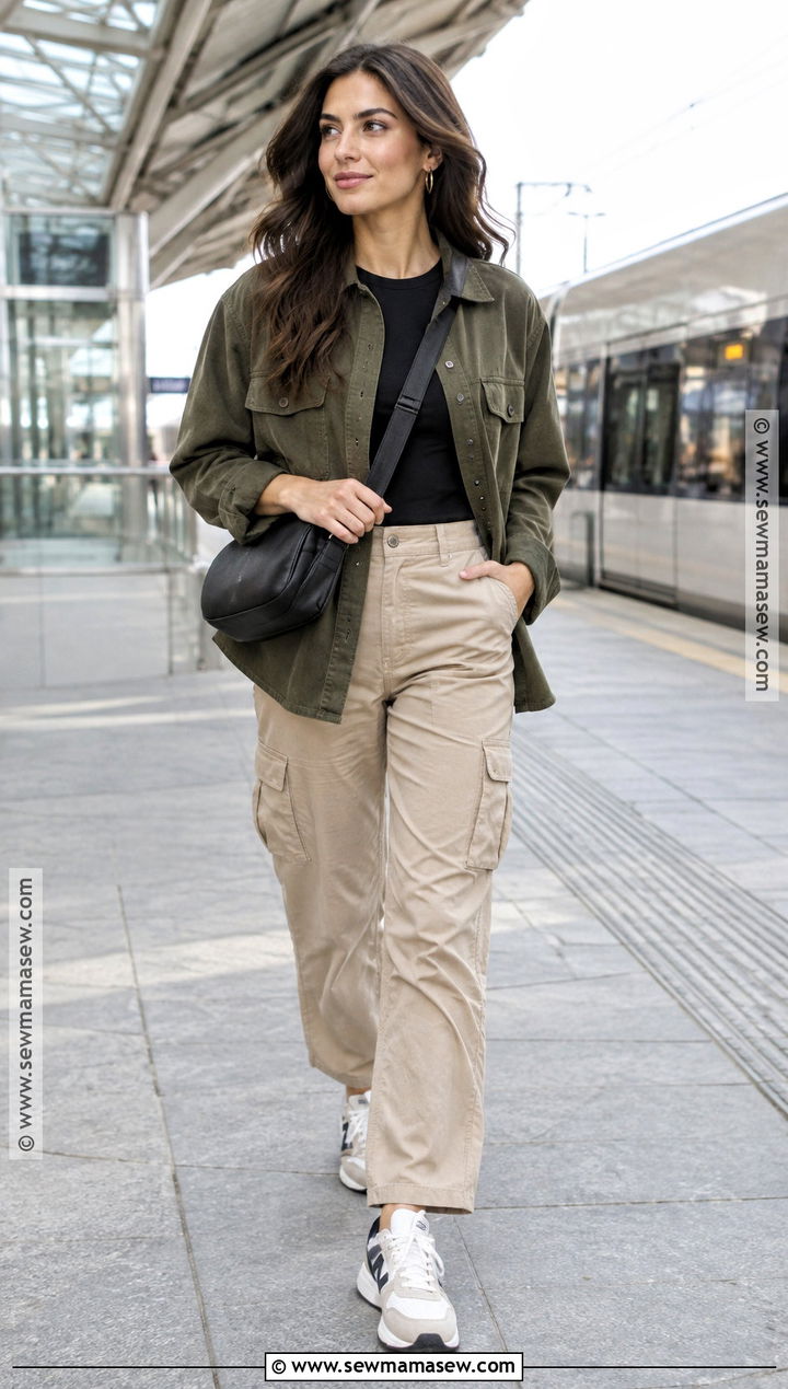 Olive Shacket With Cargo Pants - 15 Fall Outfit Shacket Ideas