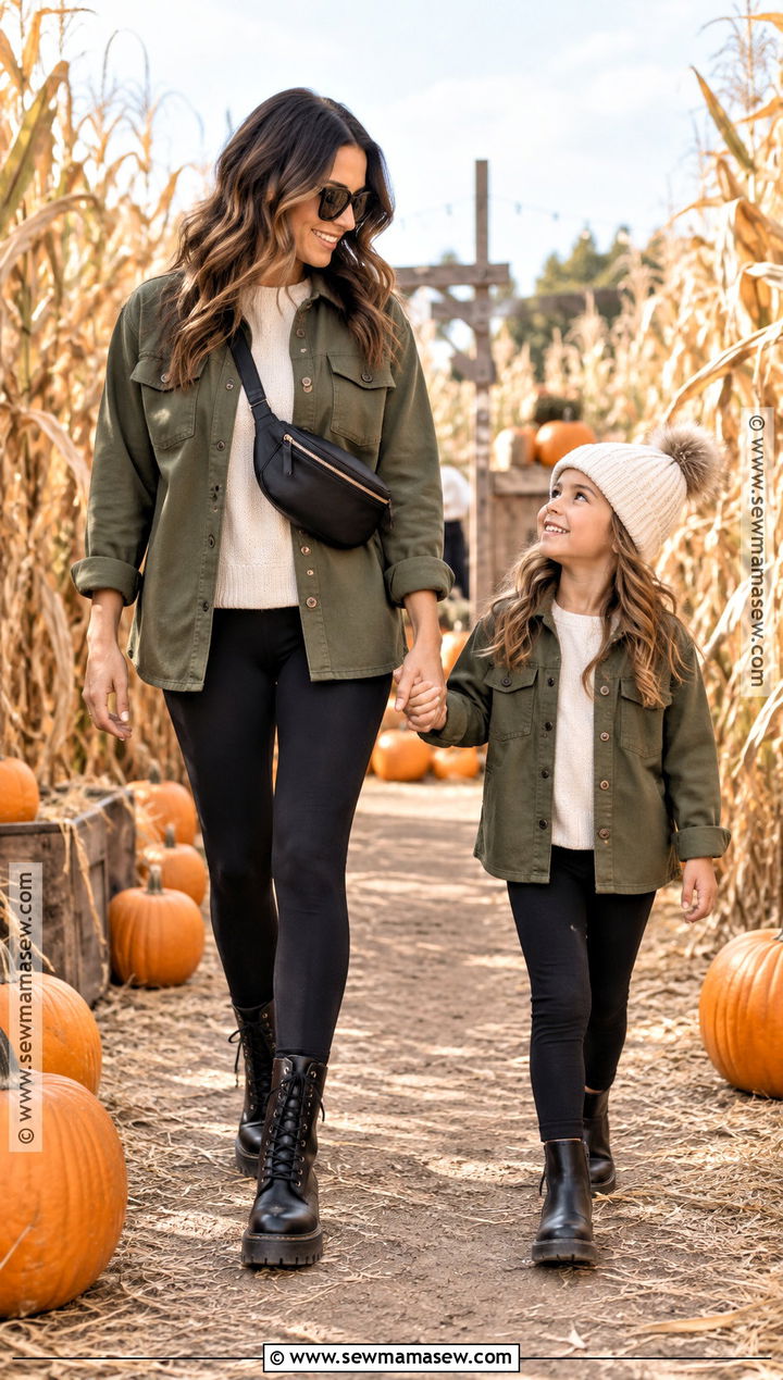 Olive Shackets and Black Leggings Pumpkin Patch Outfit - 15 mom and daughter pumpkin patch outfits