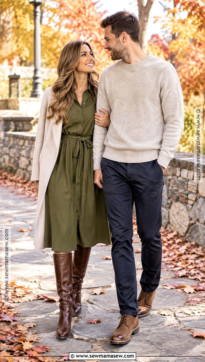 Olive Shirt Dress And Tall Boots Engagement Outfit - 15 engagement photoshoot fall outfits