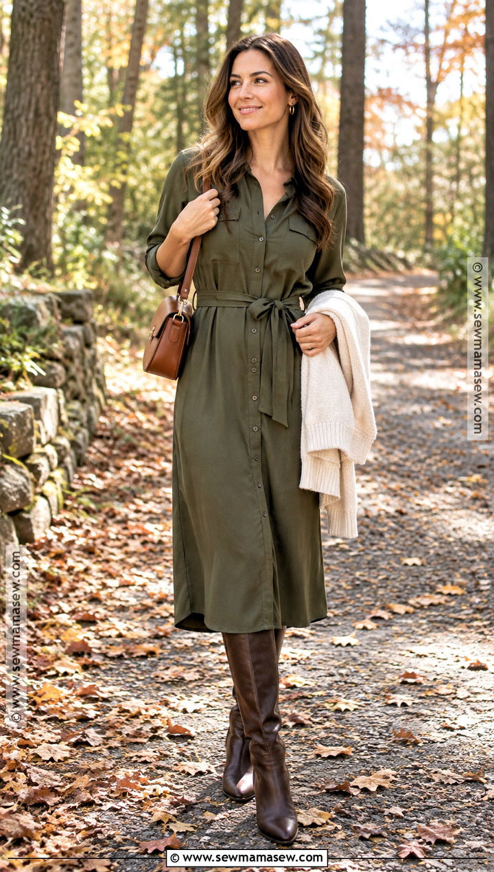 Olive Shirt Dress With Tall Boots - 15 fall engagement photos dress ideas