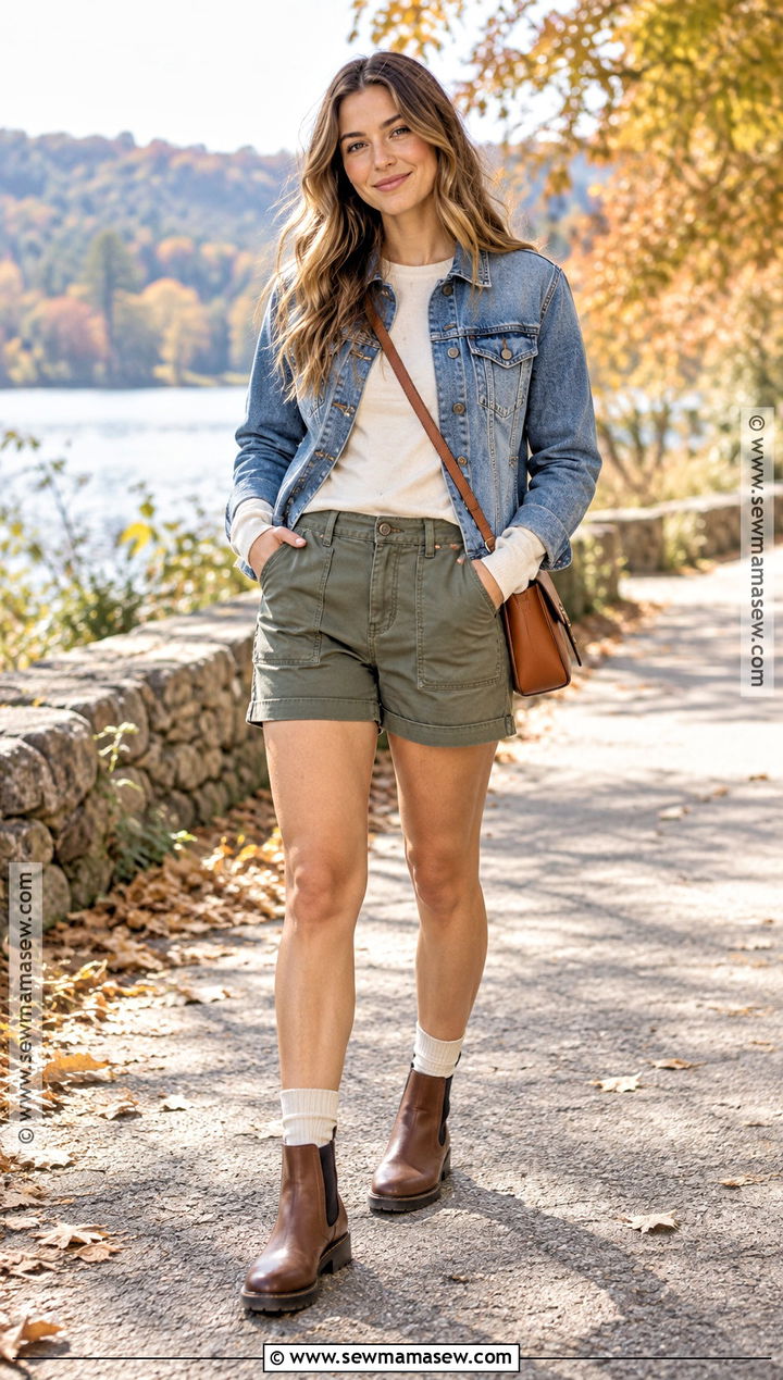 Olive Shorts With Denim Jacket Outfit - 25 fall shorts outfit ideas