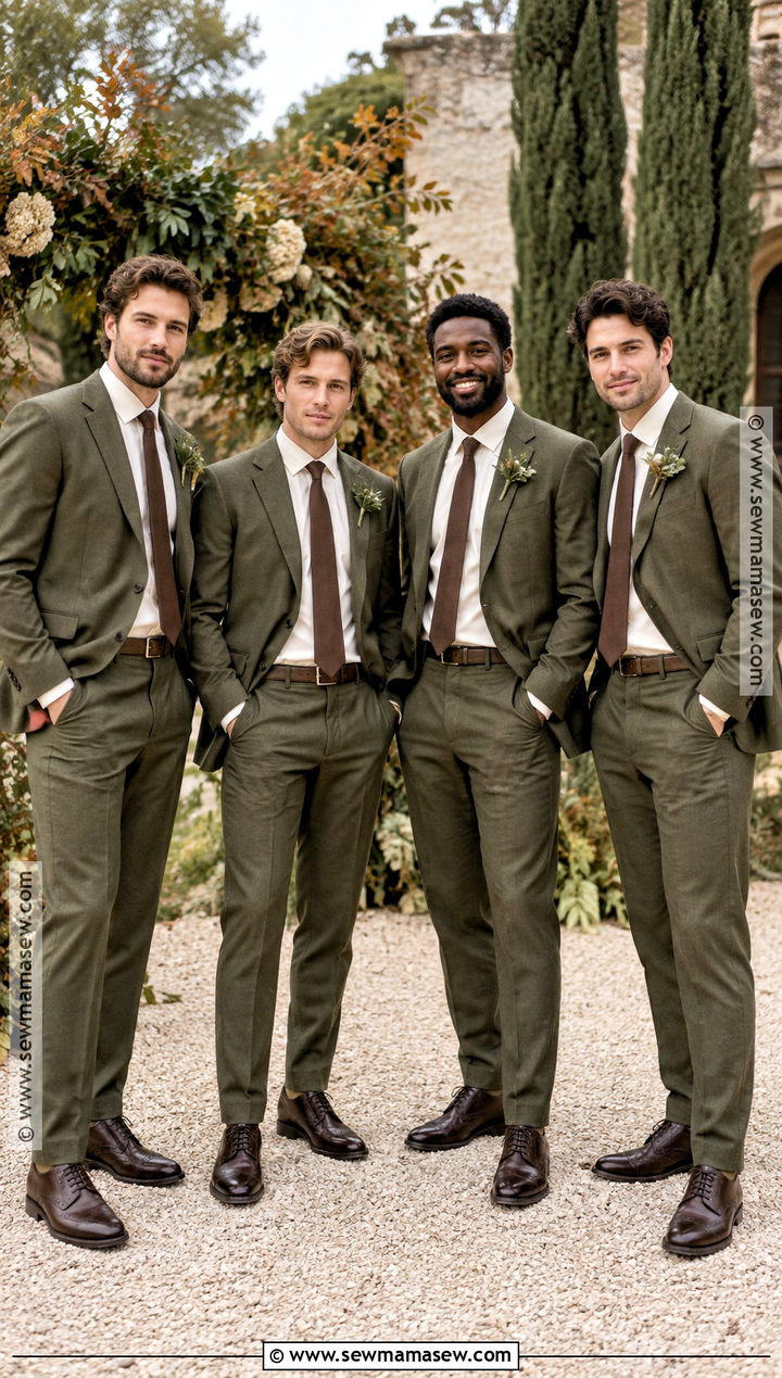 Olive Suit And Cream Shirt Groomsmen Attire - 25 fall wedding groomsmen attire ideas