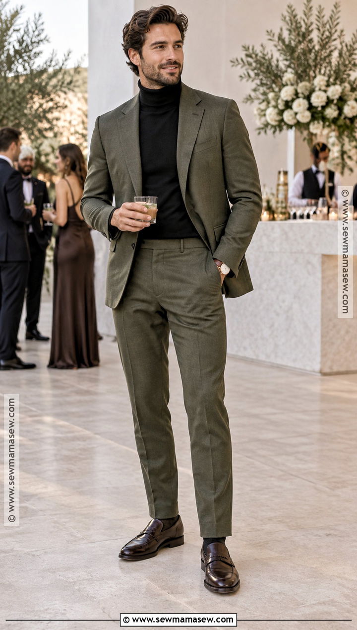 Olive Suit And Turtleneck Fall Wedding Guest Outfit - 20 mens fall wedding attire guest ideas