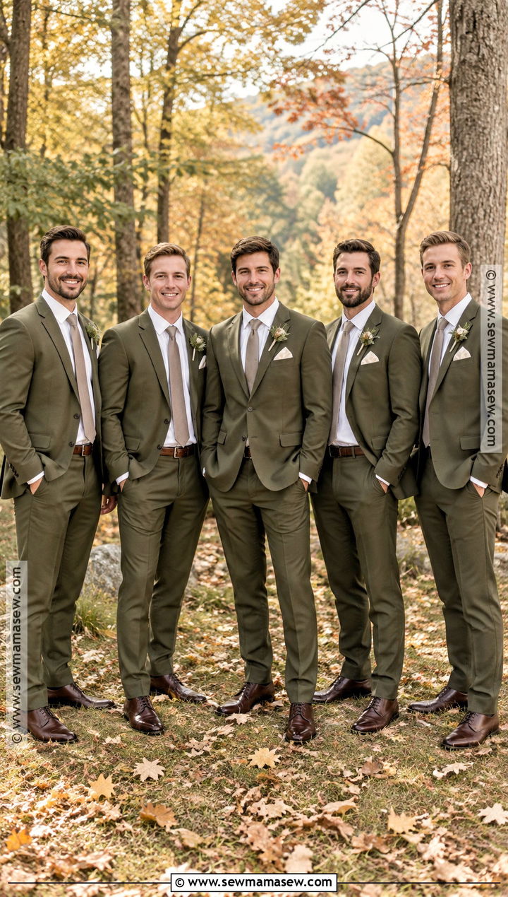 Olive Suit With Brown Shoes Groomsmen Attire - 15 groomsmen fall attire ideas