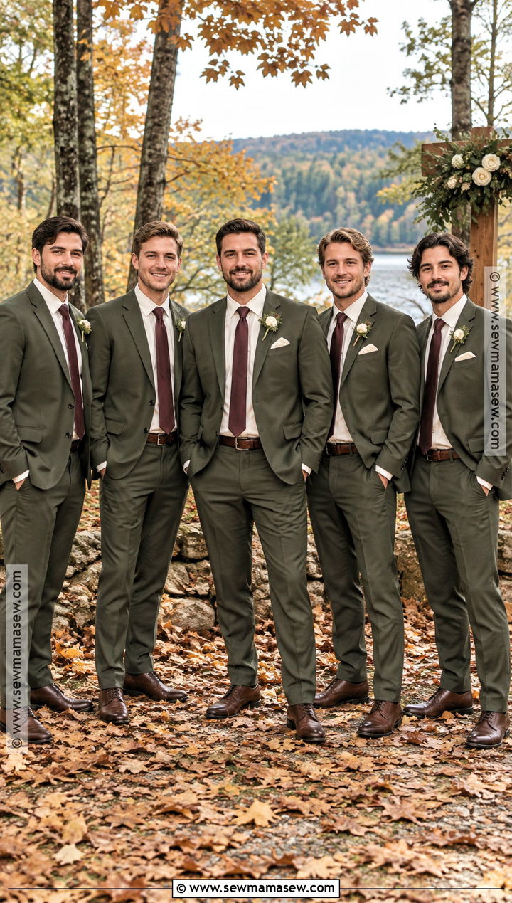 Olive Suit With Burgundy Tie Groomsmen Attire - 15 groomsmen attire fall color combos