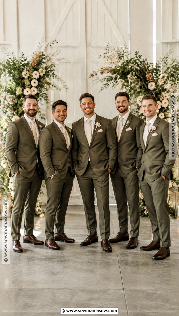Olive Suit With Champagne Tie - 15 november groomsmen attire ideas
