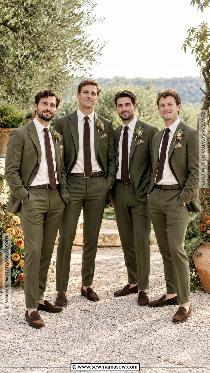 Olive Suit With Cream Shirt - 20 groomsmen fall wedding attire ideas
