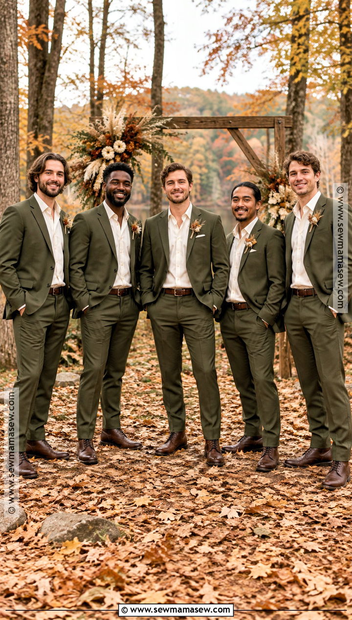 Olive Suit With Ivory Shirt And Brown Boots - 15 fall boho groomsmen attire ideas