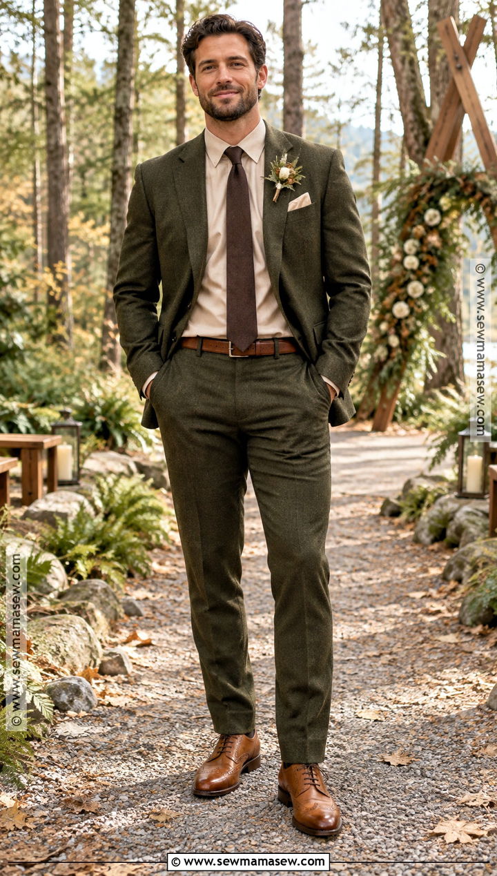 Olive Suit With Tan Leather Shoes - 15 fall outdoor wedding groom attire ideas