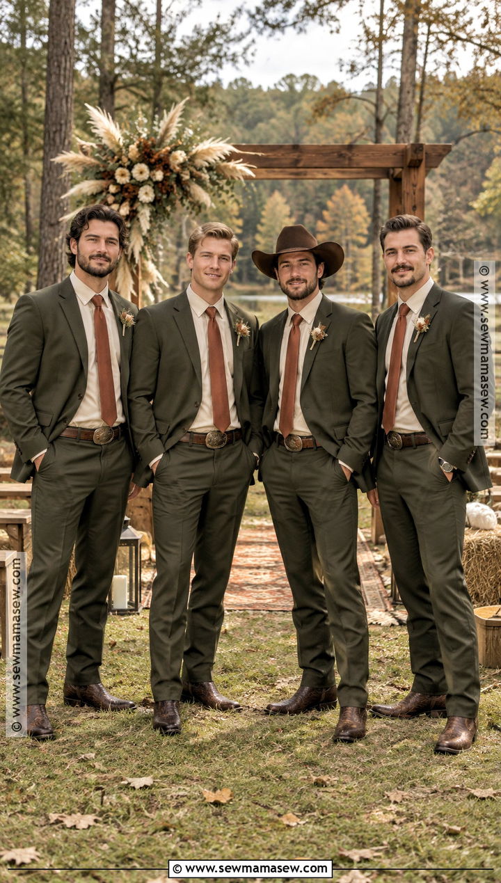 Olive Suit With Western Boots - 15 fall wedding groomsmen attire western ideas