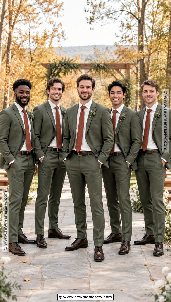 Olive Suit and Ivory Shirt Groomsmen Attire - 15 casual fall groomsmen attire ideas