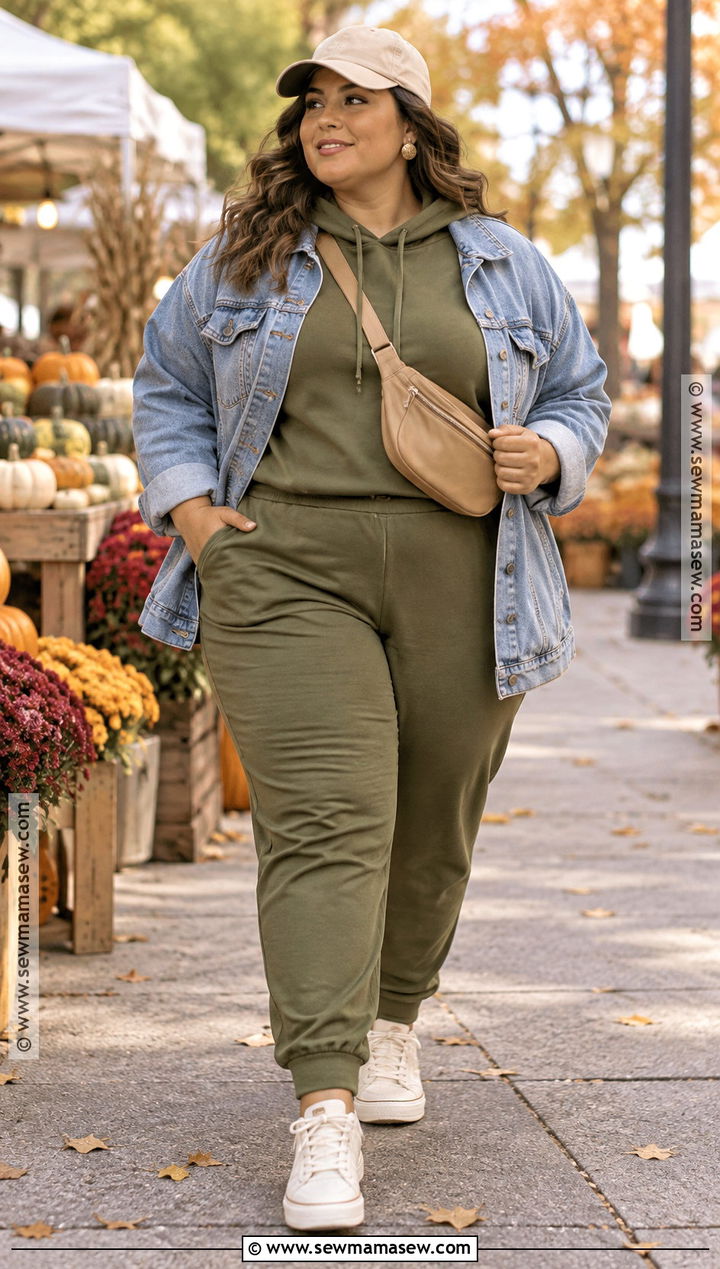 Olive Sweat Suit With Denim Jacket - 15 fall sweat suit outfits