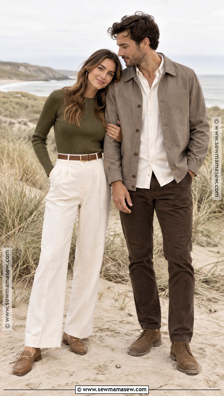 Olive Sweater And Cream Trousers Beach Engagement Outfit - 15 fall beach engagement photos outfit ideas