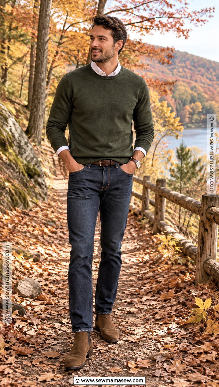 Olive Sweater And Dark Jeans Fall Engagement Outfit - 15 men fall engagement outfit ideas