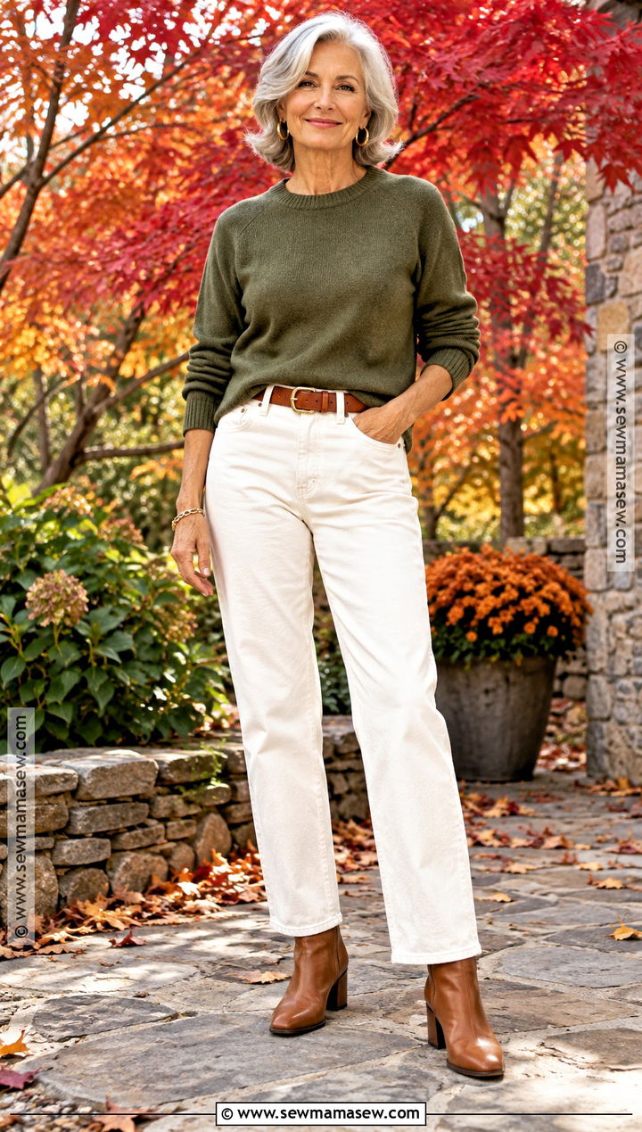Olive Sweater And White Jeans Fall Senior Picture Outfit - 25 senior pictures outfits fall