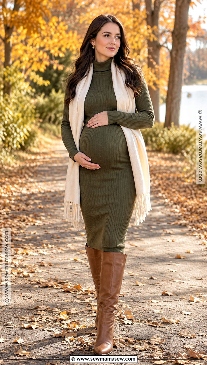 Olive Sweater Dress With Tall Boots - 15 casual maternity outfits photoshoot fall