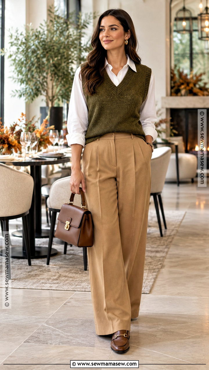 Olive Sweater Vest With Button Down Shirt And Trousers - 20 thanksgiving outfit sweater ideas