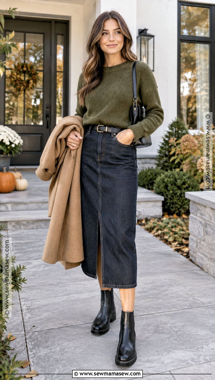 Olive Sweater With Dark Jean Skirt And Chelsea Boots - 20 thanksgiving outfit jean skirt ideas