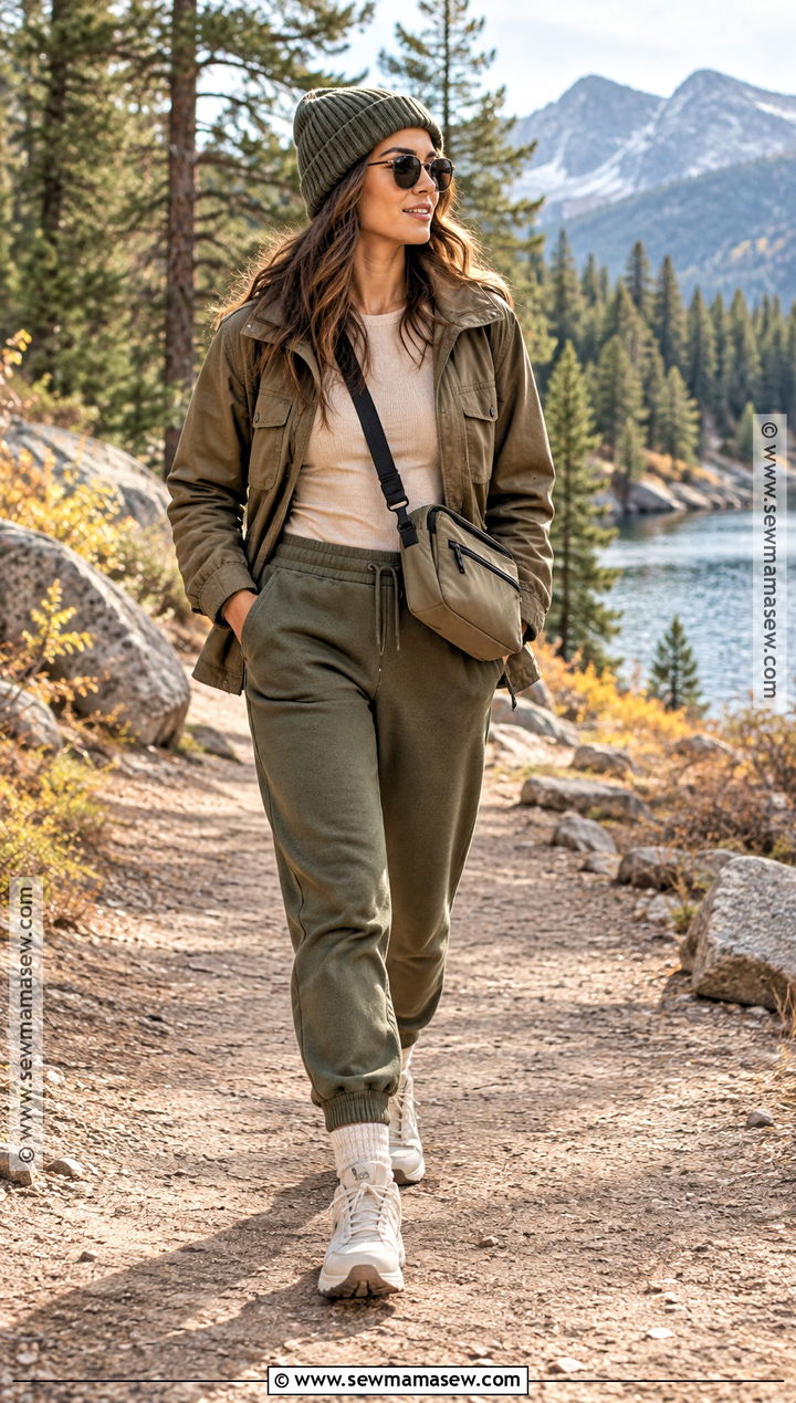Olive Sweatpants With Utility Jacket And Hiking Sneakers - 20 sweatpants fall outfit ideas