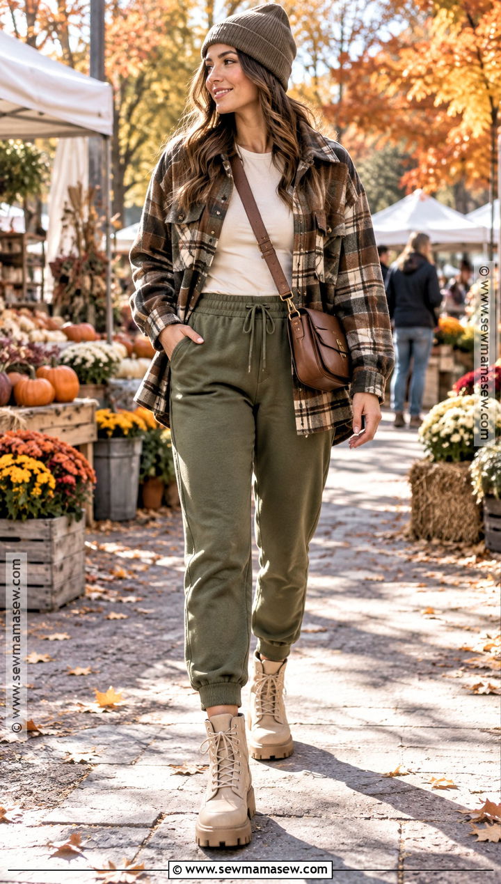 Olive Sweatpants With a Plaid Shacket - 15 Cute Fall Sweatpants Outfits