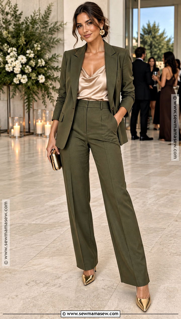 Olive Tailored Suit Outfit - 15 fall wedding guest cocktail attire ideas