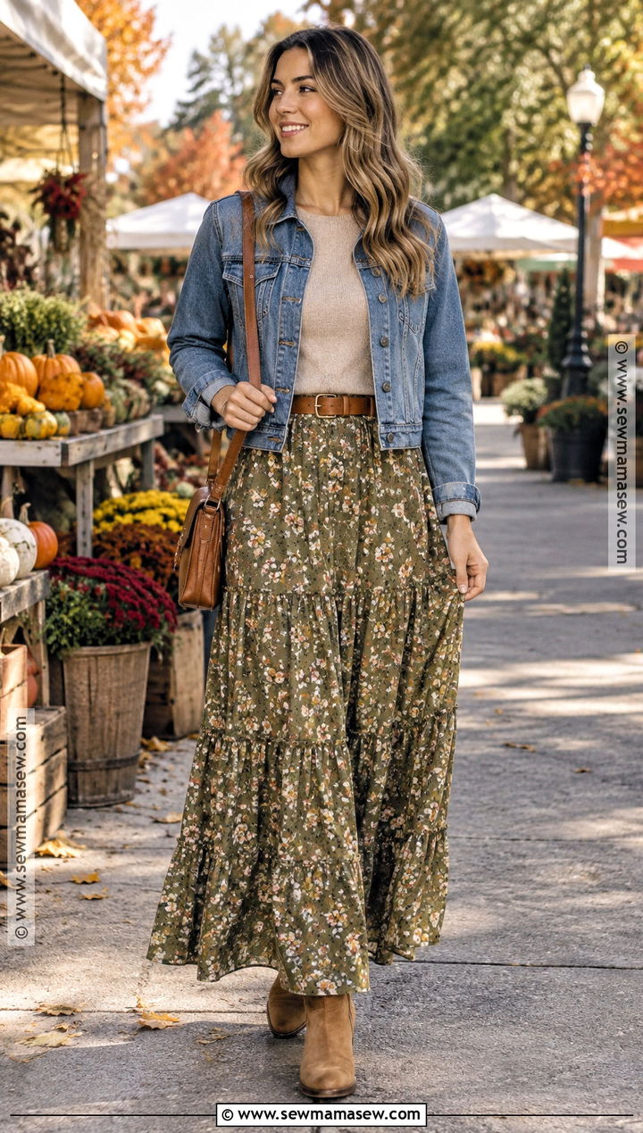 Olive Tiered Floral Maxi Skirt Outfit - 15 autumn floral skirt design ideas
