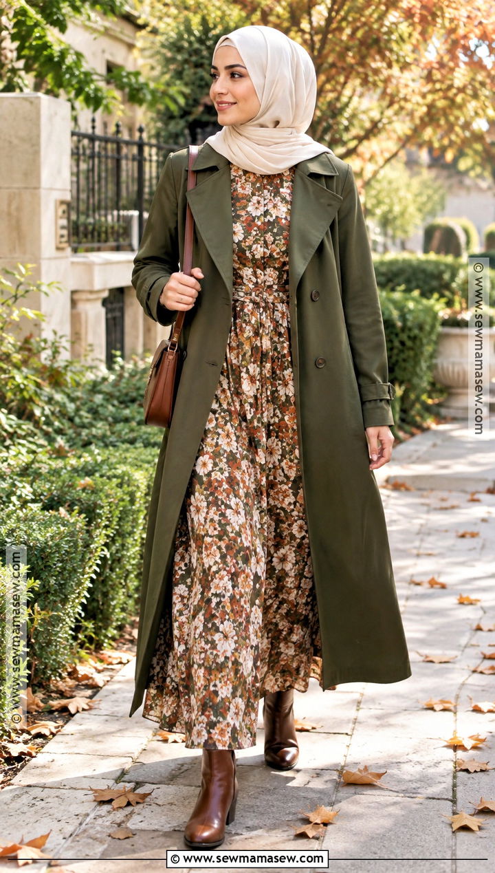 Olive Trench And Floral Maxi Dress Hijabi Fall Outfit - 20 hijabi fall fits