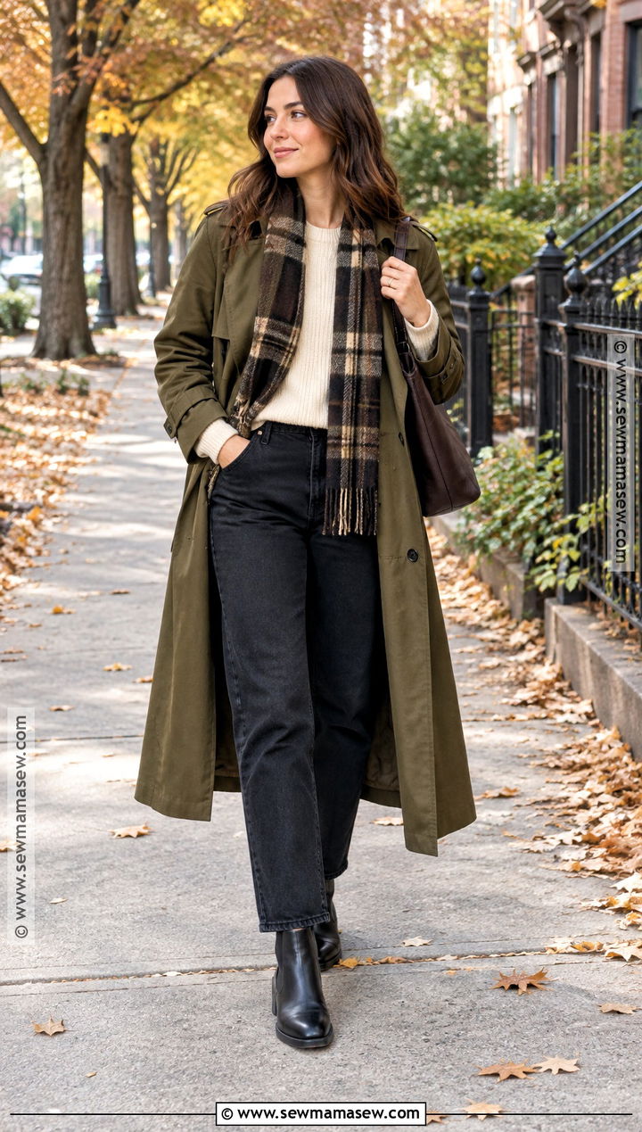 Olive Trench Coat With Black Jeans - 20 trench coat fall ideas
