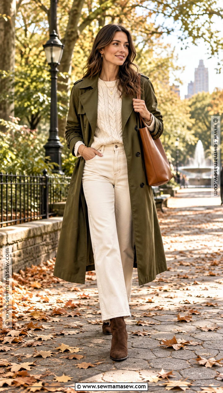 Olive Trench Coat With Cream Knitwear - 20 autumn outfits trench coat