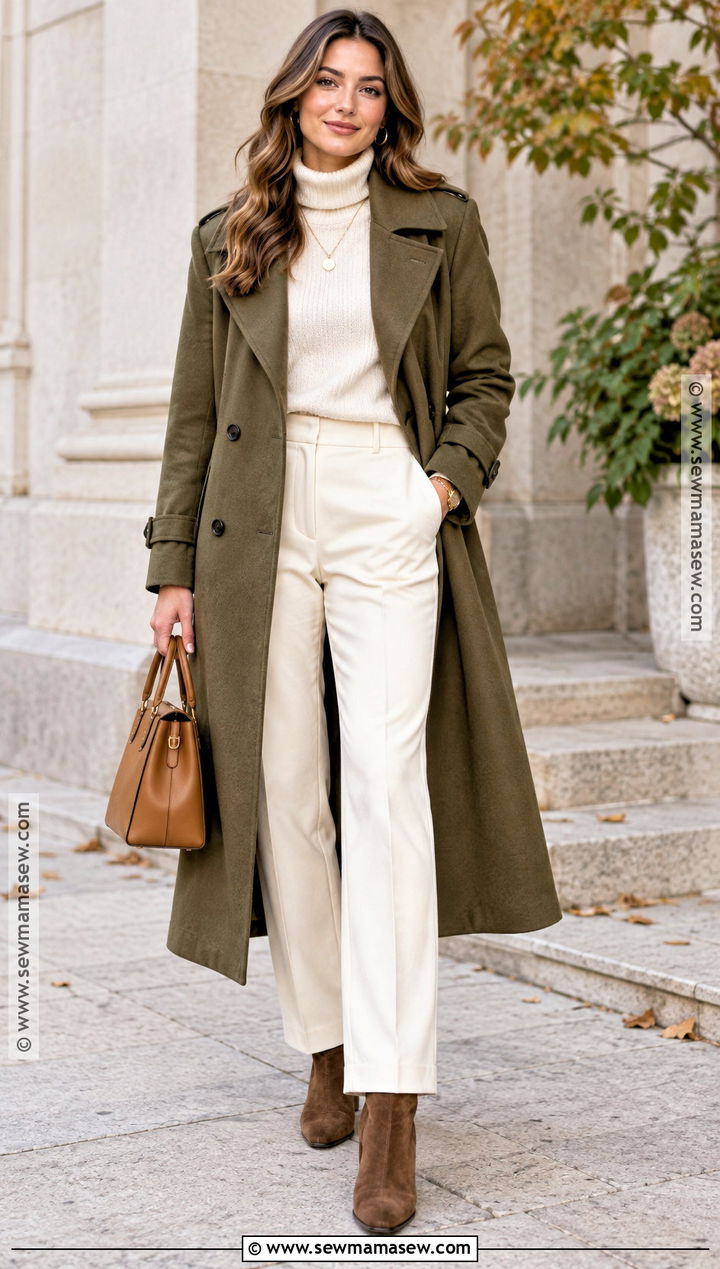 Olive Trench Coat With Cream Monochrome Outfit - 20 Trench Coat Outfit Autumn Ideas