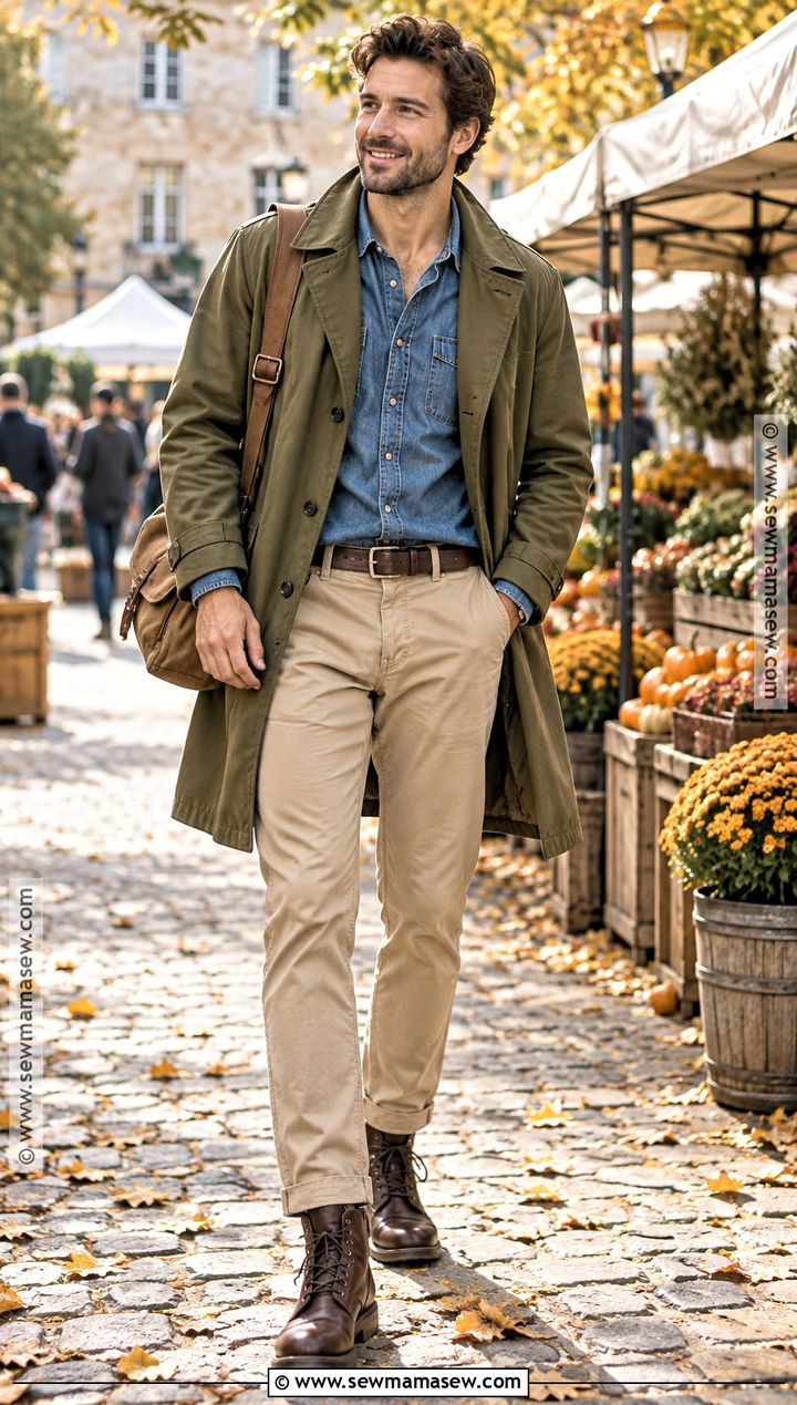 Olive Trench Coat With Denim Shirt And Chinos - 15 men's autumn trench coat ideas