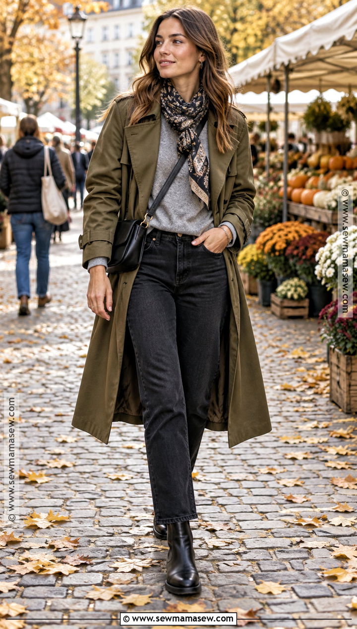 Olive Trench Coat With Gray Knit and Black Jeans - 20 autumn trench coat outfit ideas