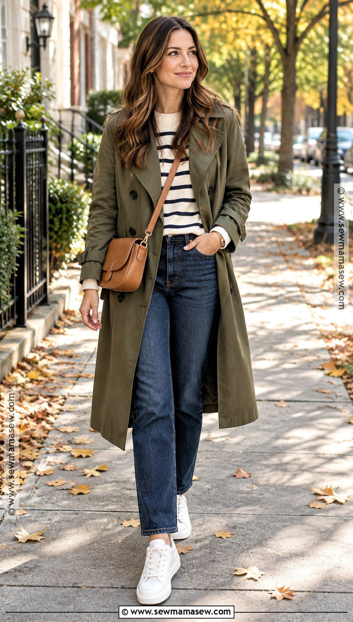 Olive Trench Coat With Striped Sweater And Dark Jeans - 25 fall trench coat outfits