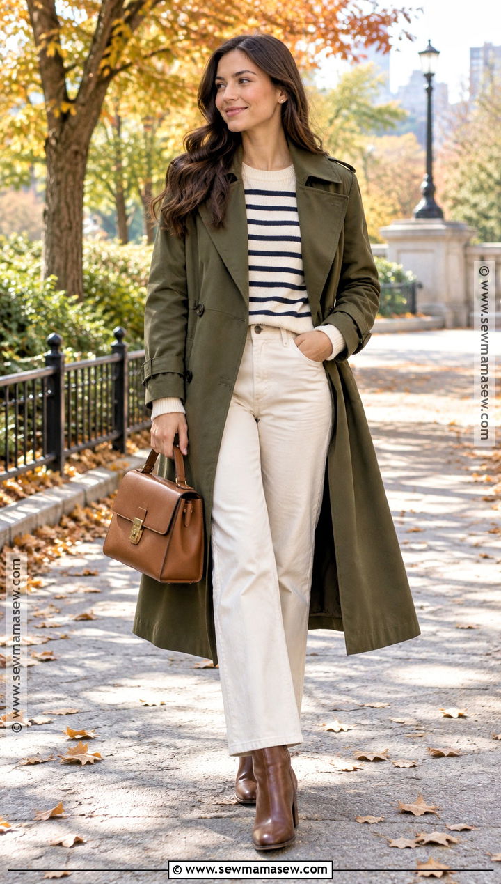 Olive Trench Coat With Striped Sweater And Ecru Pants - 20 long fall coat ideas