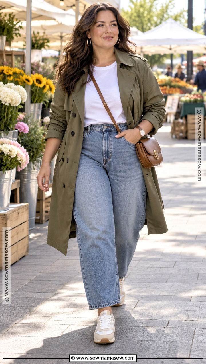 Olive Trench Coat With White Tee And Barrel Jeans - 15 casual fall trench coat ideas