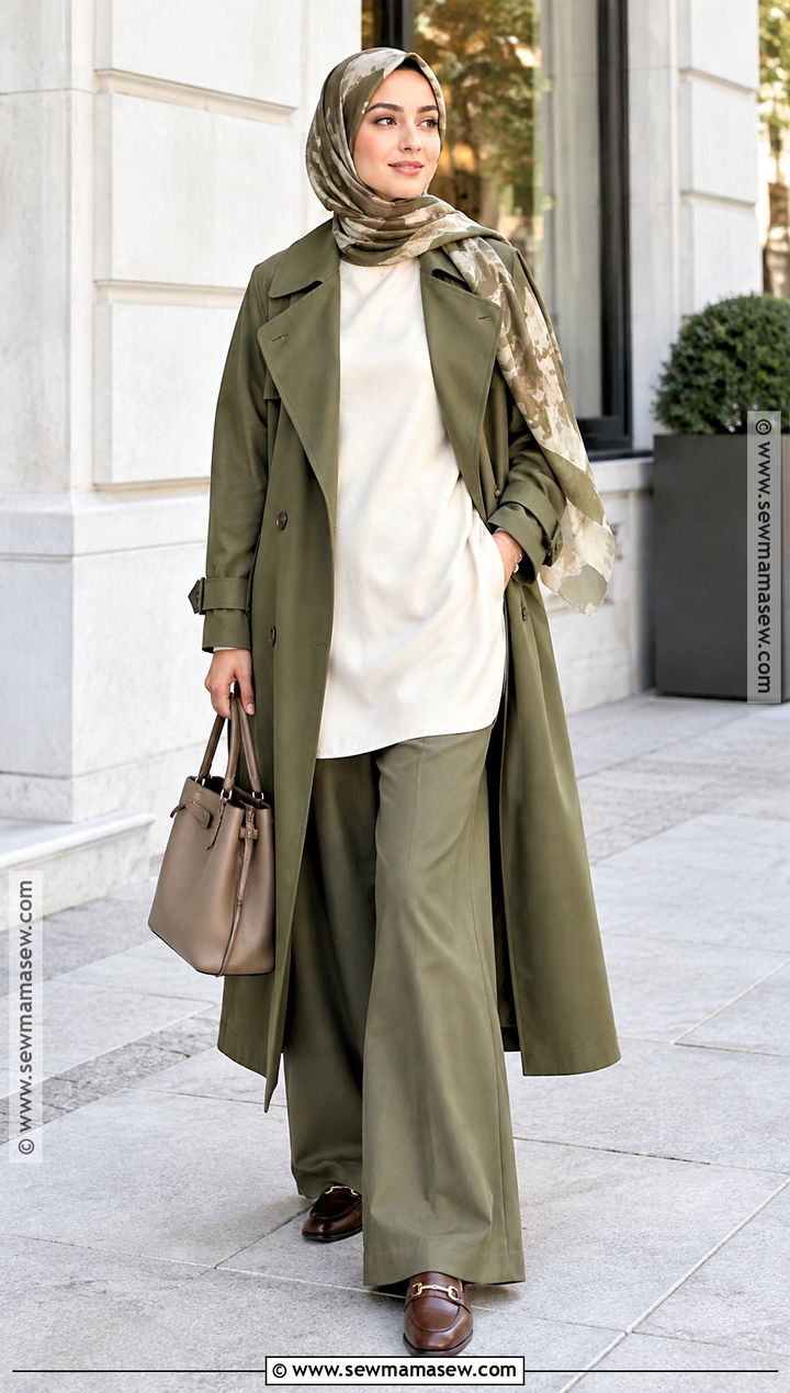 Olive Trench Coat and Cream Pants Hijab Outfit - 25 fall hijab outfits