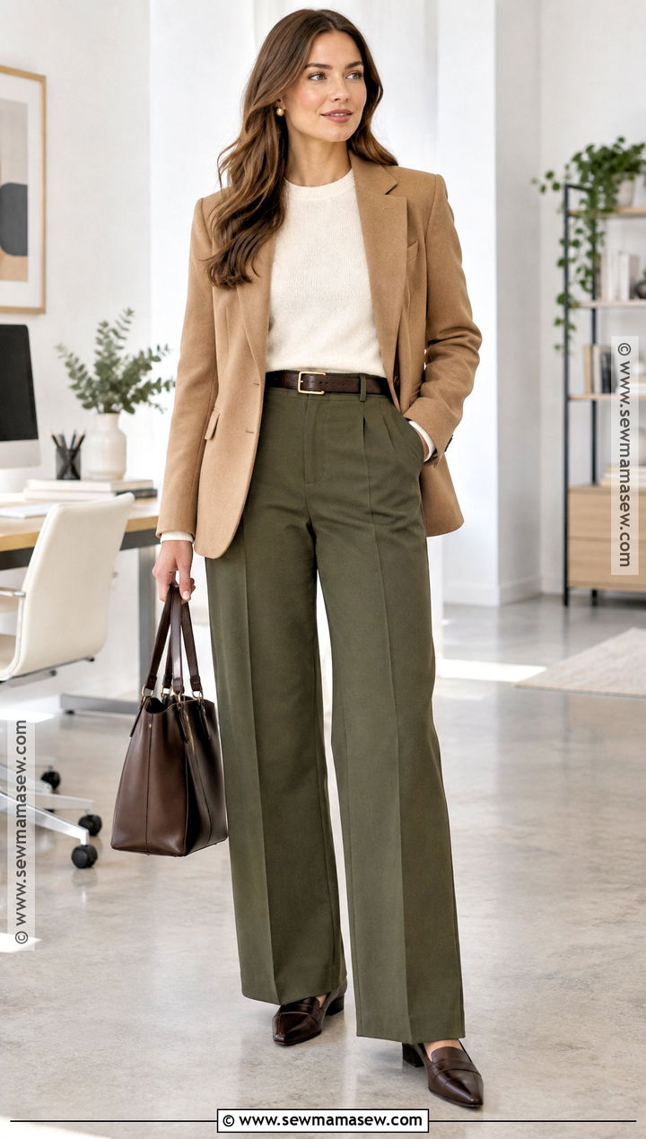Olive Trousers And Cream Sweater Outfit - 20 Corporate Outfits Fall