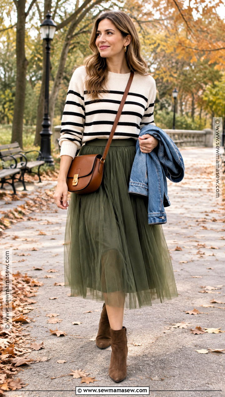 Olive Tulle Skirt With Striped Sweater - 15 tulle skirt fall outfit ideas