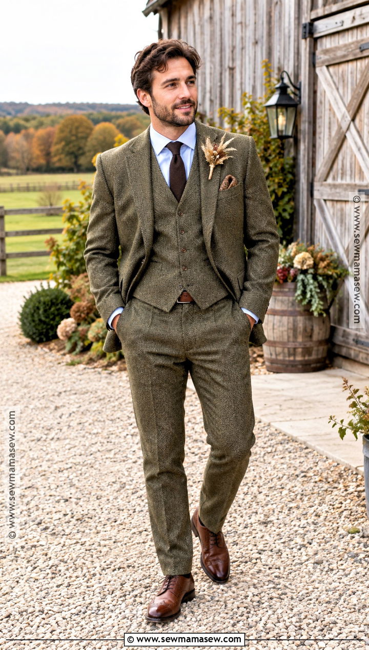 Olive Tweed Groom Suit for a Fall Wedding - 15 fall mens wedding attire groom style ideas
