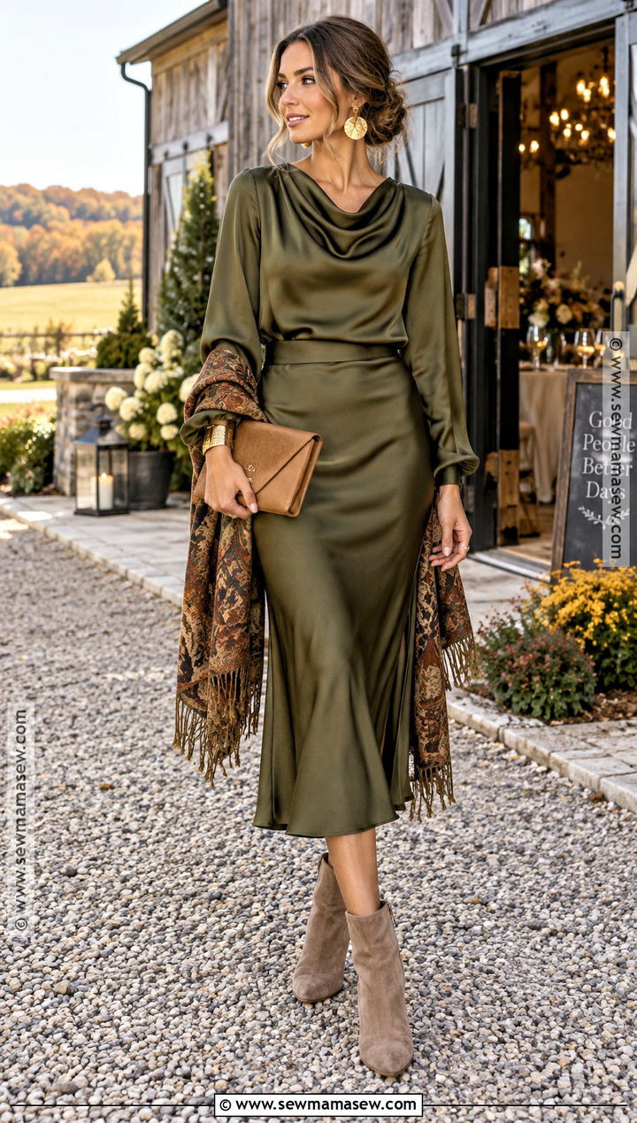 Olive Two Piece Skirt Set With Ankle Boots - 20 fall country wedding guest outfit ideas