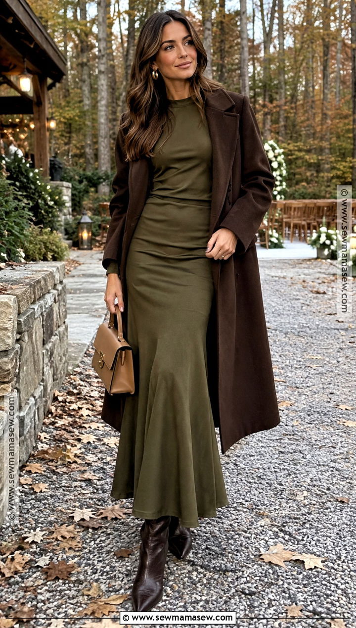 Olive Two Piece Skirt Set With Dress Boots - 15 outdoor fall wedding outfit ideas