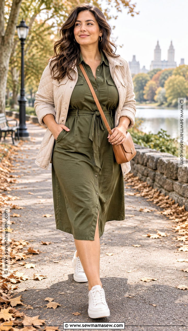 Olive Utility Autumn Dress With Sneakers - 25 autumn dress ideas