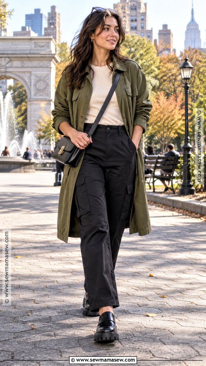 Olive Utility Coat With Cargo Pants - 20 Coat Fall Outfit Ideas