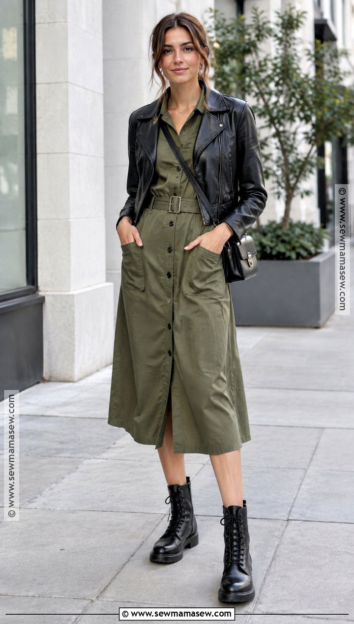 Olive Utility Dress And Combat Boots - 20 fall dress and boots outfit