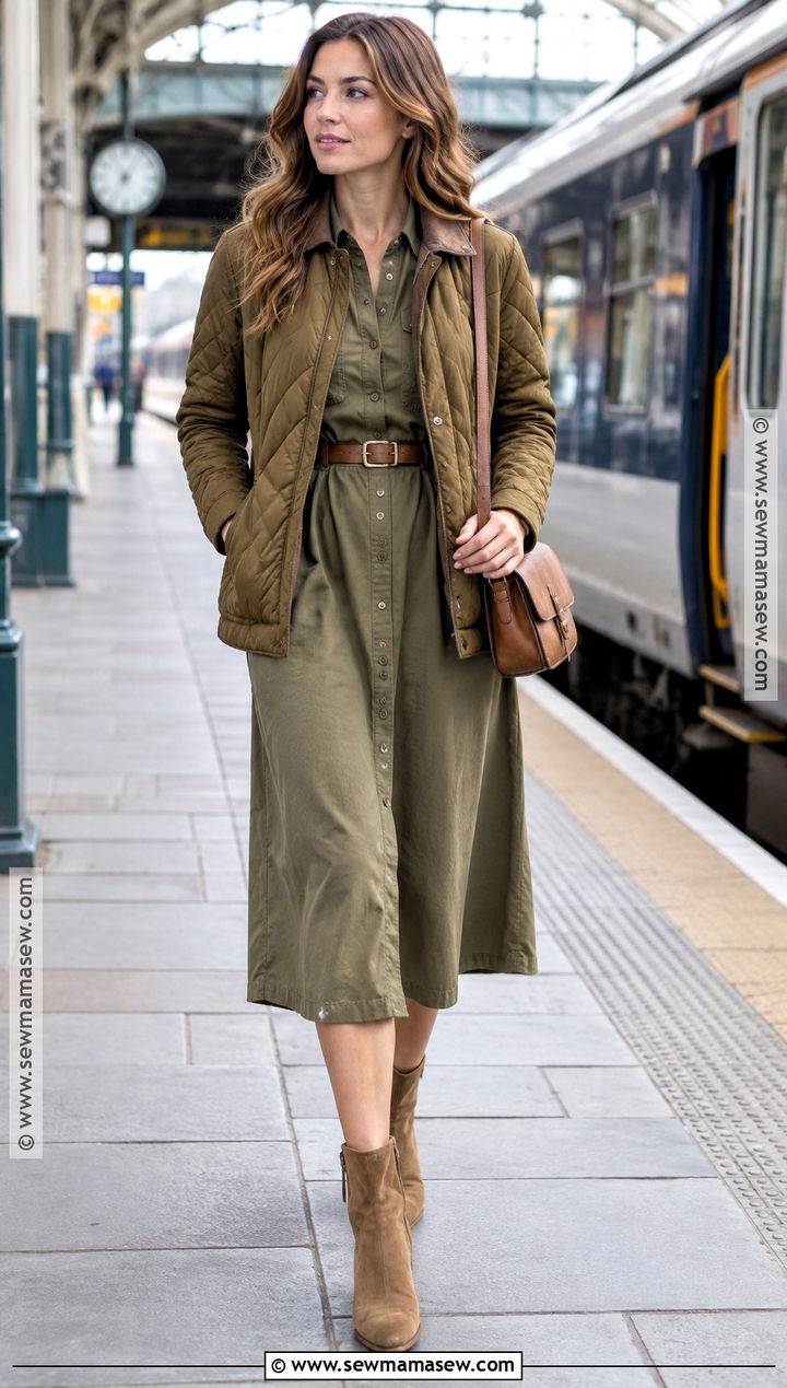 Olive Utility Dress With Ankle Boots And Crossbody Bag - 25 autumn outfits dress