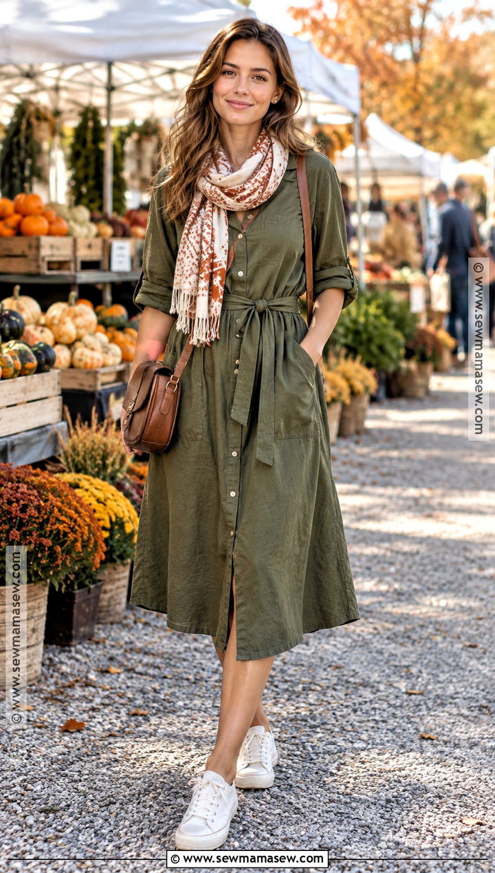 Olive Utility Dress With Canvas Tennis Shoes - 15 fall dresses with tennis shoes