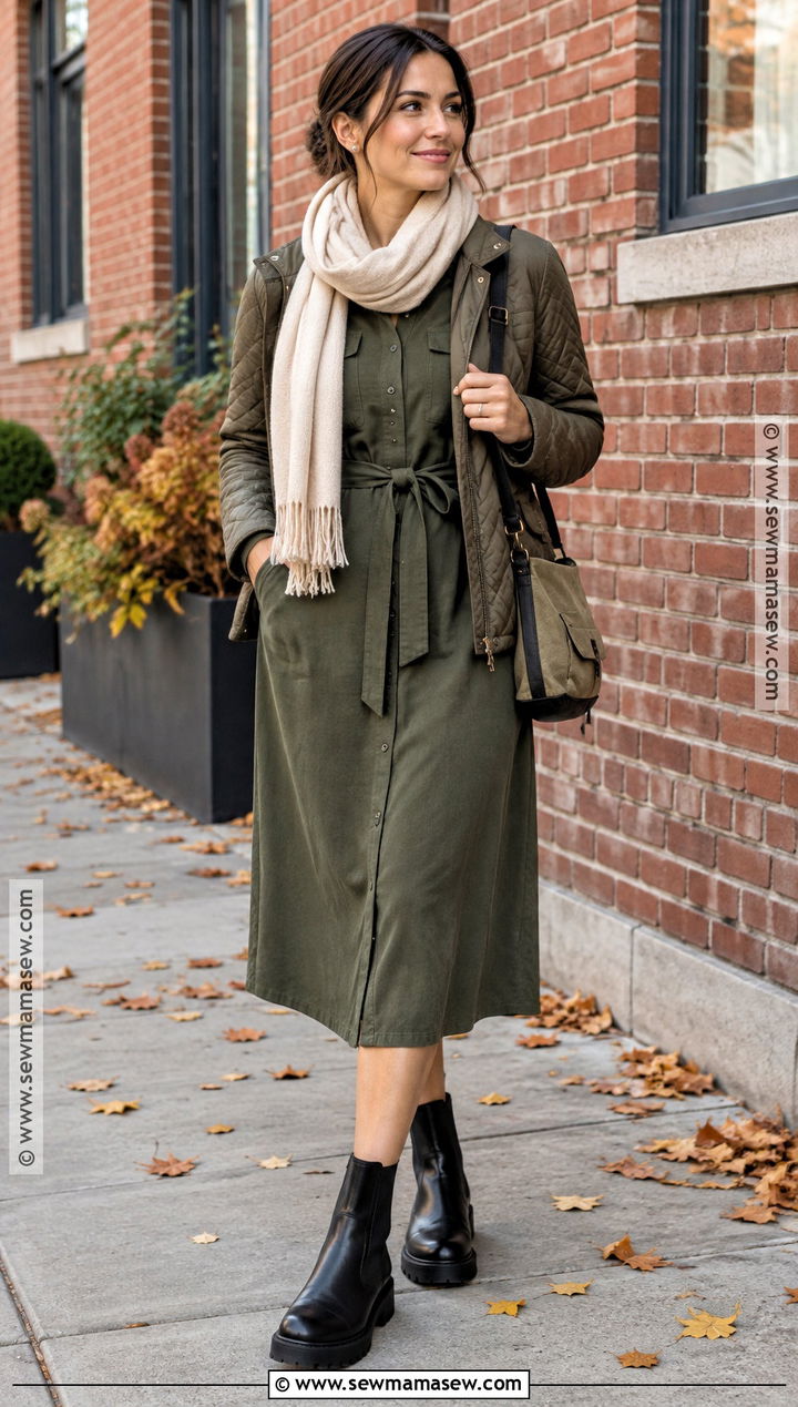 Olive Utility Dress With Chelsea Boots - 15 autumn day dresses
